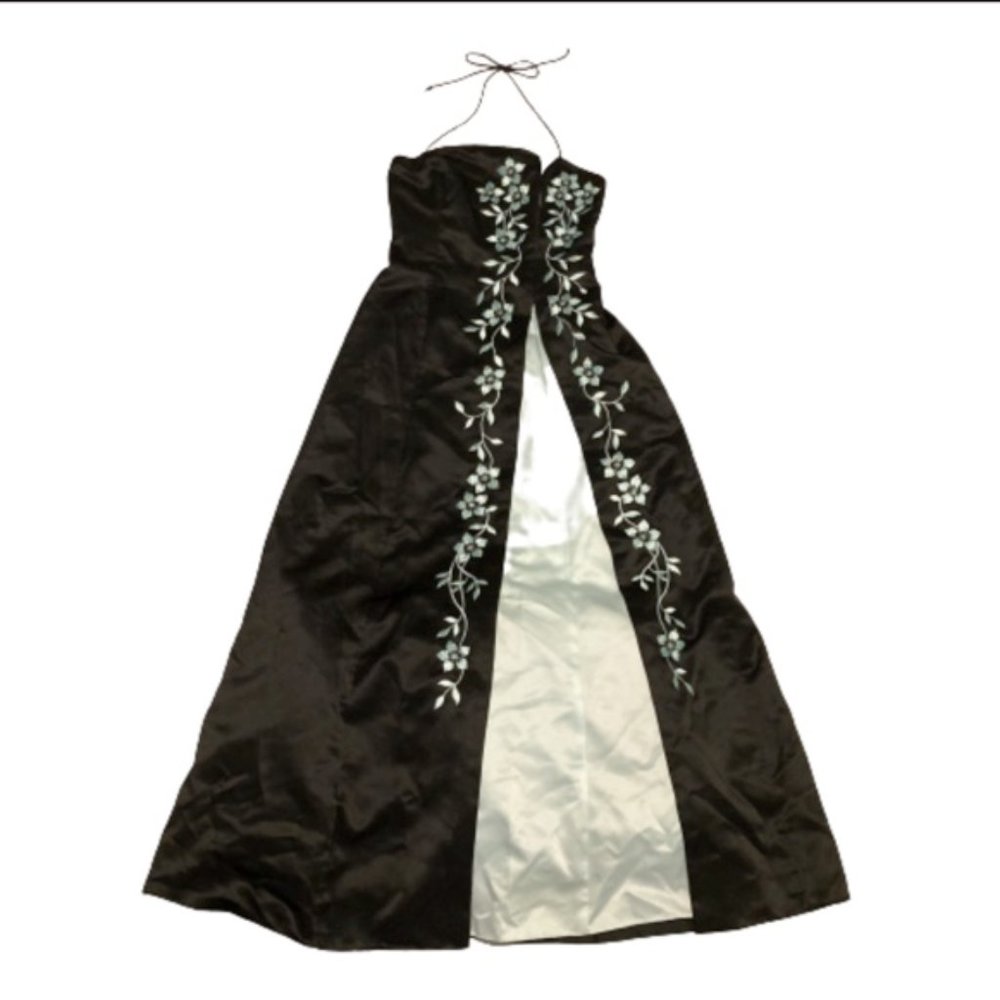 Morgan and Co. Vintage Y2K Black/Blue Cherry Blossom Strapless Formal Dress